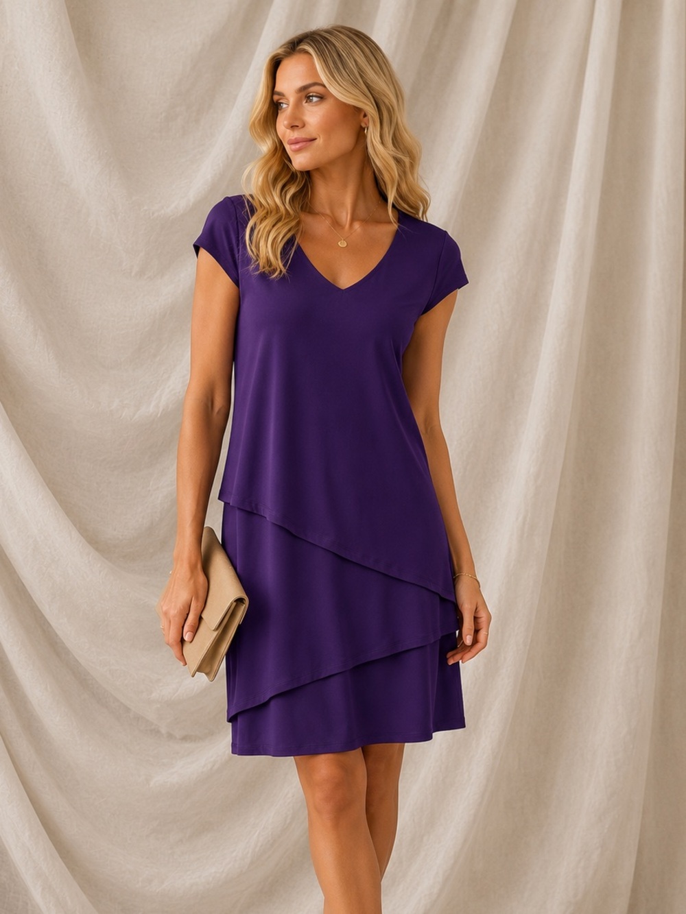 Enfocus Studio Deep Purple Layered V-Neck Midi Dress